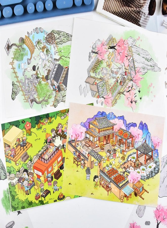 HOMICO 4 Sets Vintage 3D Sticker Scene 3D House Stickers with Tweezers Vintage Mountain Courtyard Natural Scenes Make Your Own House Miniature Scene Stickers - Image 3